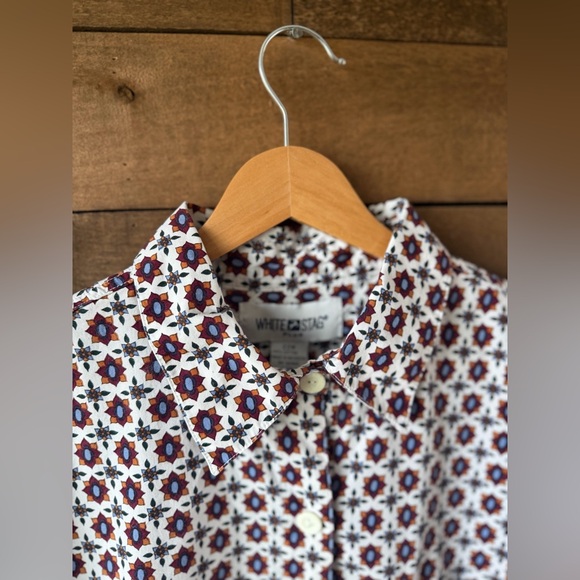 Vintage White Stag Pattern Button Up Shirt Retro Floral Print Blouse - Picture 7 of 10